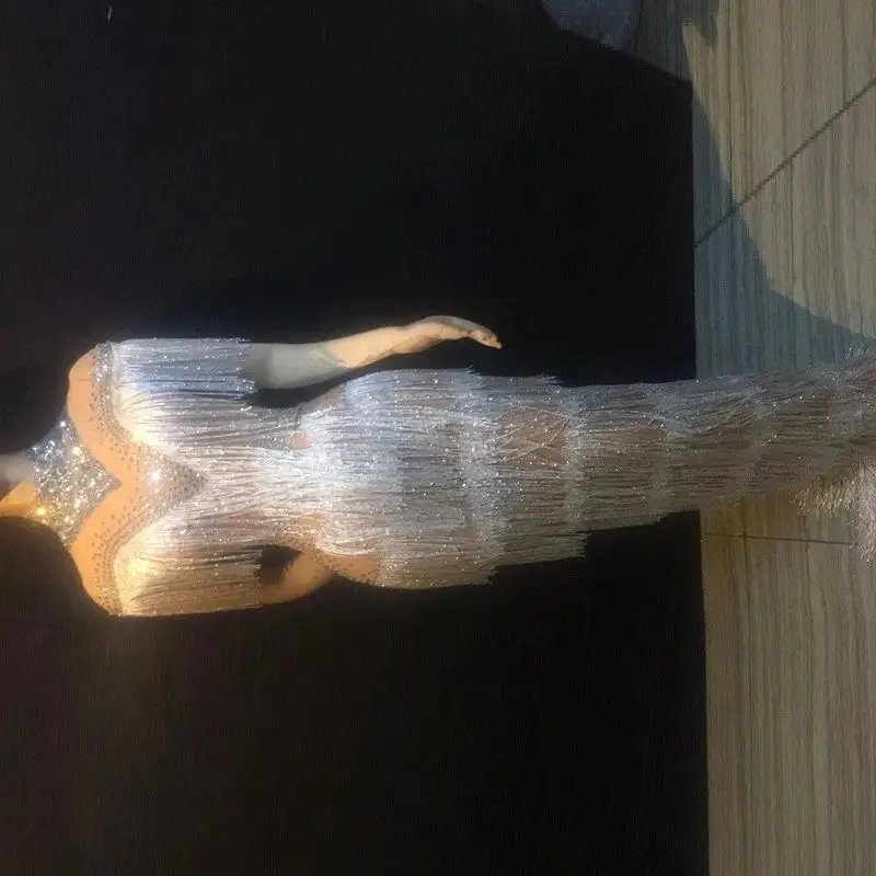 Strass borla vestidos longos perspectiva vestido mulher cantor bar festa de aniversário celebrar trajes drag queen