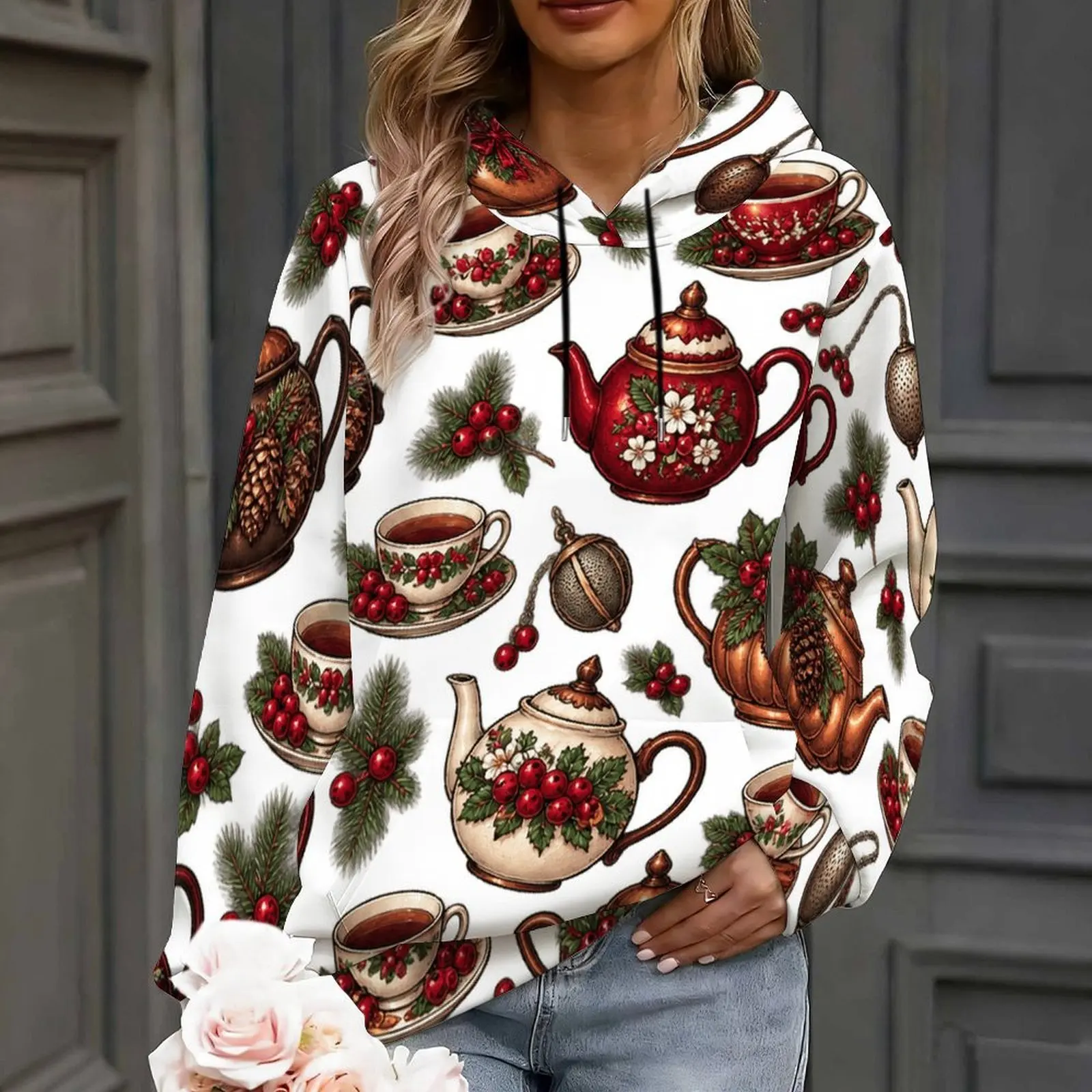 Women White Base Teapot Teacup Cranberry Pine Print Long Sleeve Drawstring Pullover Hoodie