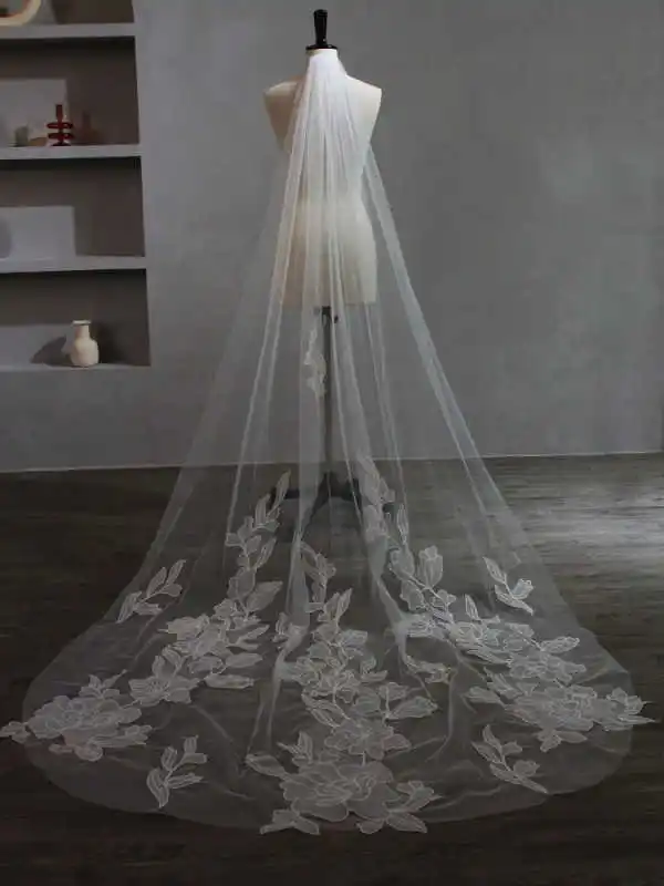 طرحة زفاف ساحرة مزينة بالدانتيل طبقة واحدة طول الكنيسة حجاب العروس مع مشط عالي الجودة مخصص فيلو دي نوفيا #5