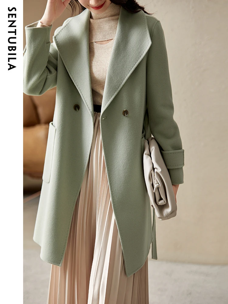 SENTUBILA 100% Wool Warm Double Sided Woolen Coat Women 2024 Autumn Winter Lapel Woolen Jacket Single Button Overcoats W24O42049