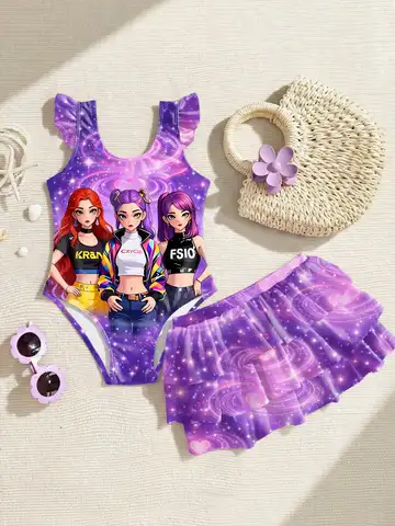Girls' Swimwear Set: Girls' Tank Top One-Piece Swimsuit + Cute Ruffled Swimsuit Skirt, Two-Piece Swimsuit Suitable for 4-11 Year Old Girls, Summer Beach Vacation Outfit