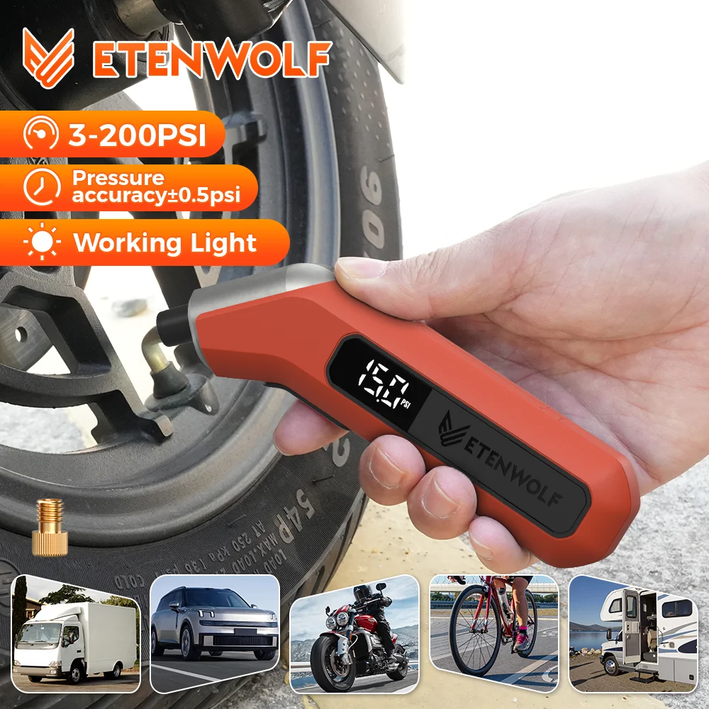 ETENWOLF T300 Plus Digital Pressure Gauge Bright LED Display 200 PSI Tire Gauge for Cars Motorcycles with Presta Valve Adaptor