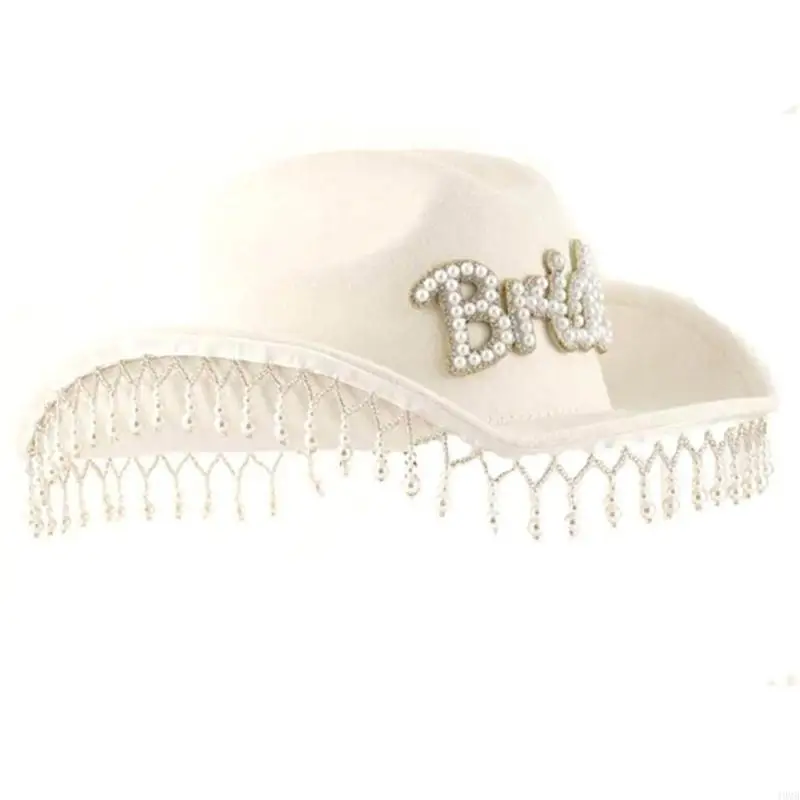 

Fringed Cowboy Hat Artificial Pearl Bride Cowgirl Hat Bachelorettes Headwear 49MB