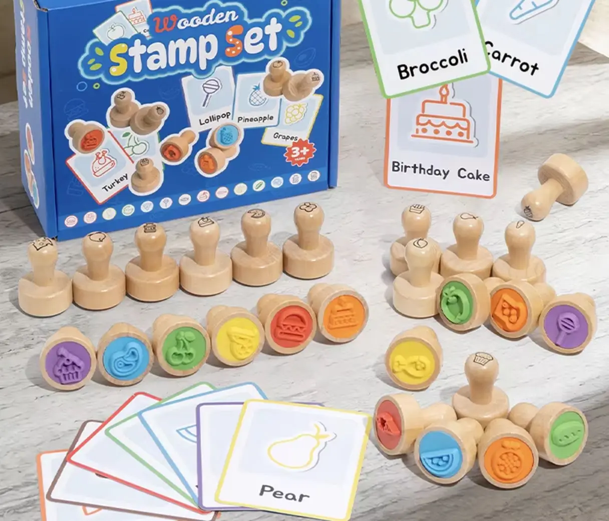 Wooden Stamp Set with Flash Cards, Montessori Educational Toy, Food Shape Recognition & Early Learning Kit for Toddlers