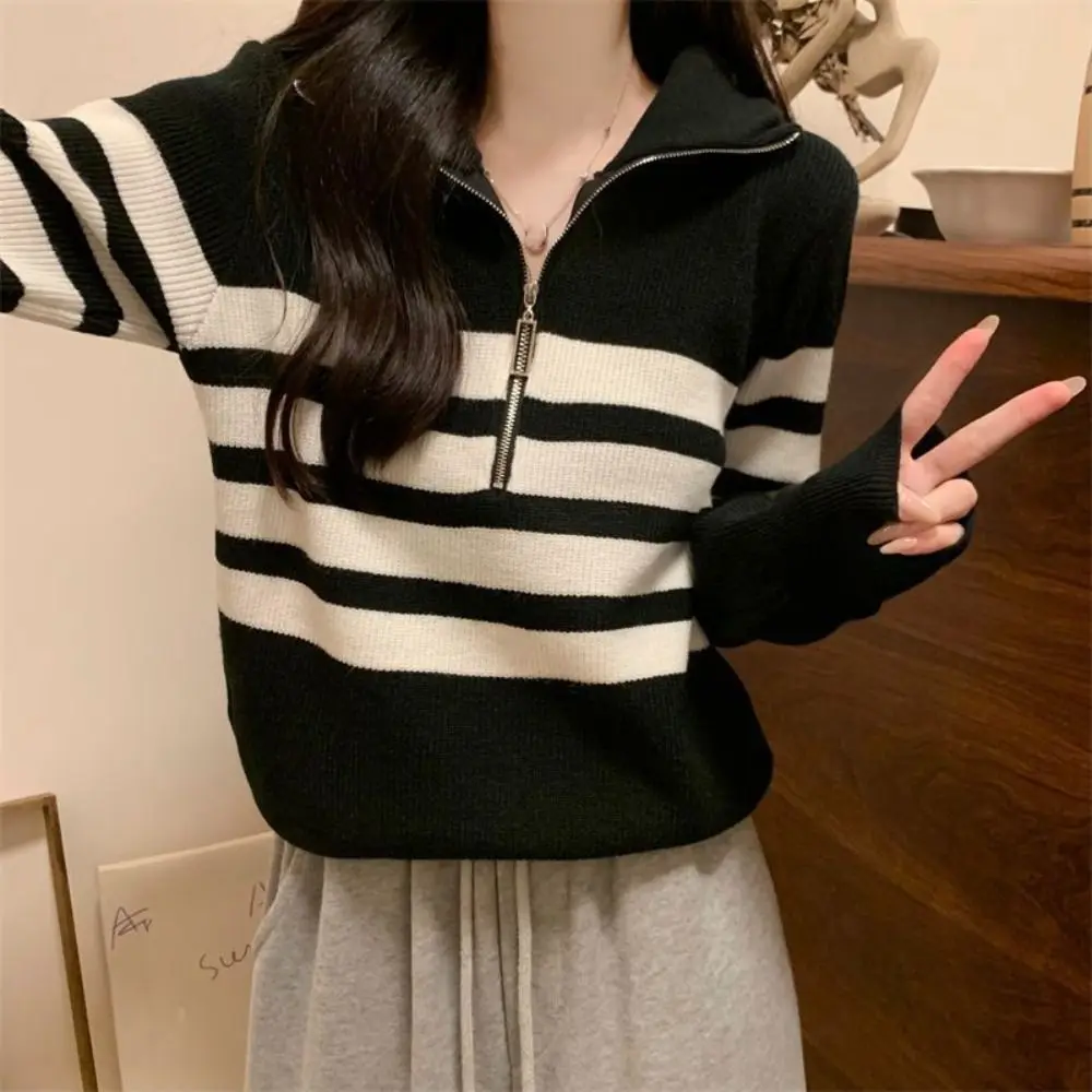 

Fashion Long Sleeve Knit Stripe Sweater Slim Fit Autumn Winter Knitted Crop Top Soft Zipper Sweet Girl's Pullover Girl
