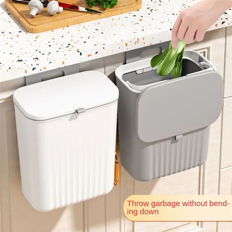newyear828 Kitchen Trash Can Household Cabinet Door Hanging Sliding Cover Storage Bucket Trash Can Wall-Mounted Trash Can Grey