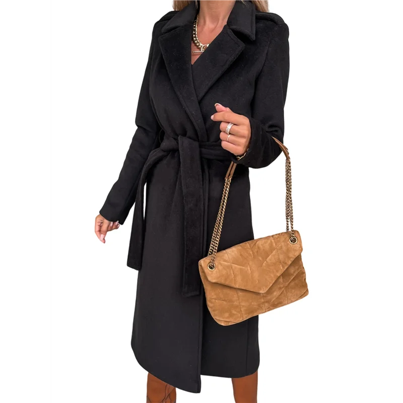 

ABKO-Women's Notched Lapel Long Sleeves Slim Mid-Long Wool Blend Outerwear Casual Fall Winter Coats With Belt
