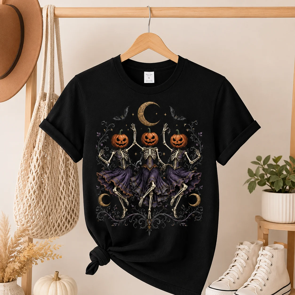 100% Cotton Soft Gothic Dancing Pumpkin Head Skeleton Print Women T‑Shirt Vintage Halloween Graphic Top