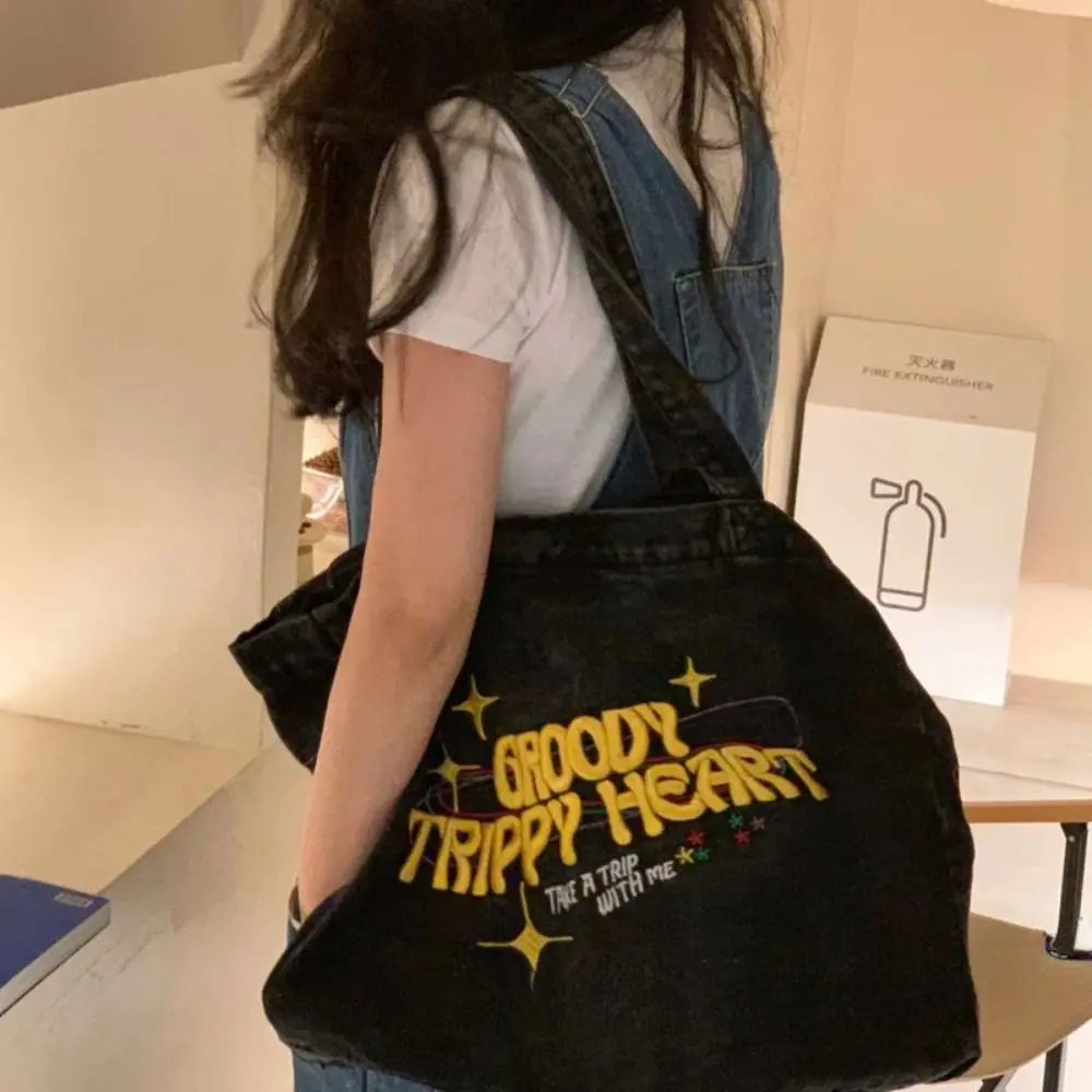 

American Vintage Denim Canvas Bag Letter Embroidery Large Capacity Shoulder Bag Women Y2K Street Style Handbag