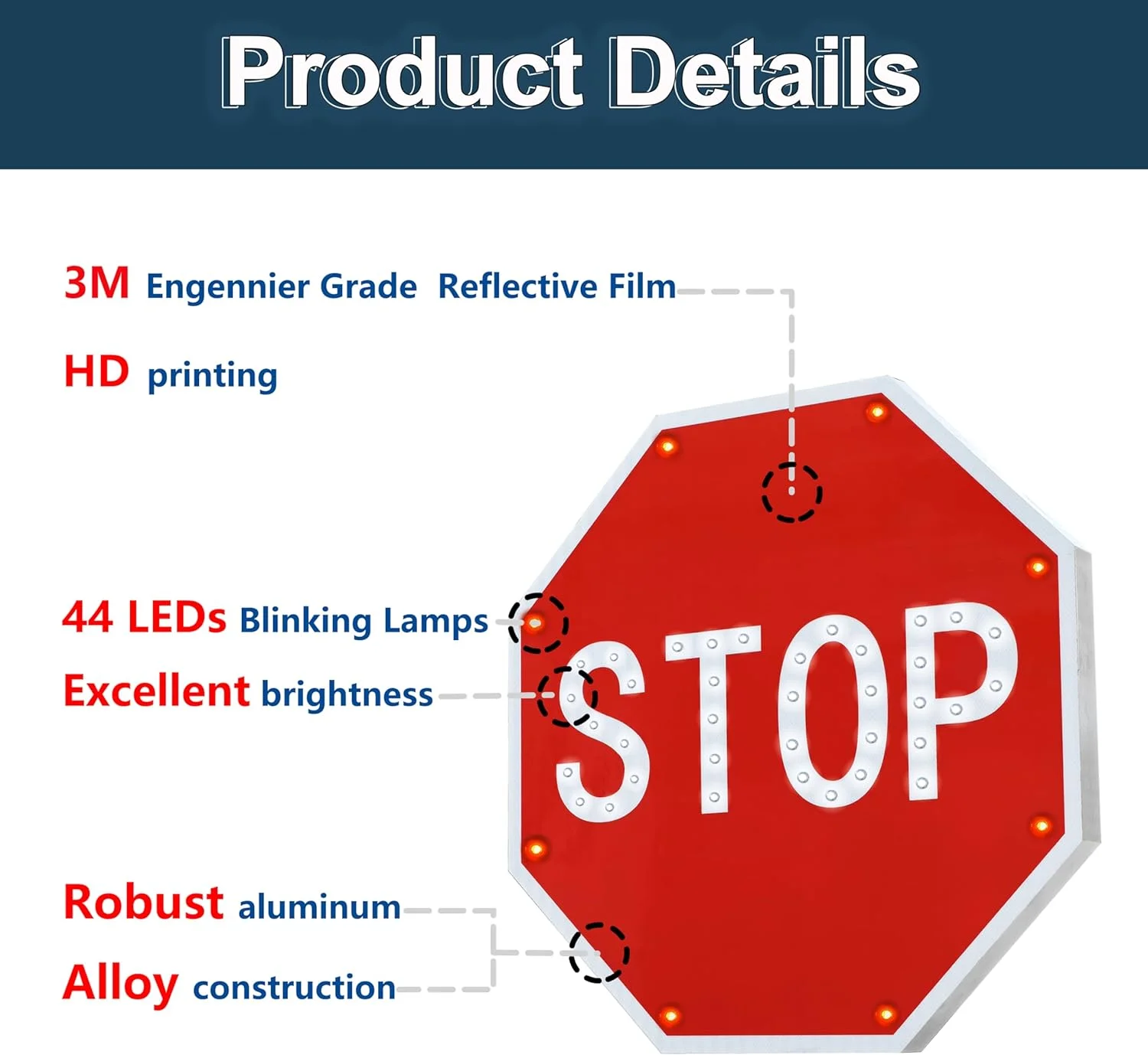 ป้ายหยุดไฟ LED พลังงานแสงอาทิตย์ กระพริบ (สีแดง, 24 นิ้ว) ฟิล์มสะท้อนแสงเกรดวิศวกร 3M พร้อมเซ็นเซอร์ตรวจจับแสงอัตโนมัติ สำหรับถนนและทางรถวิ่ง