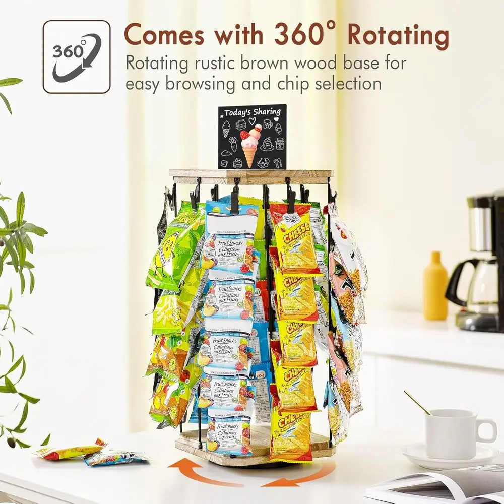 حامل عرض رقاقة، 5 طبقات 40 مشبك منظم للوجبات الخفيفة لمكتب المكتب، 360 درجة °   قاعدة خشبية دوارة حامل رقاقة عرض الحلوى f