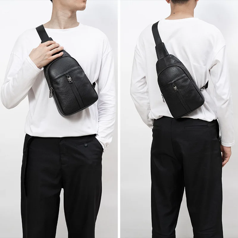Men's genuine leather simple and high-end chest bag with multiple compartments and large capacity travel crossbody backpack