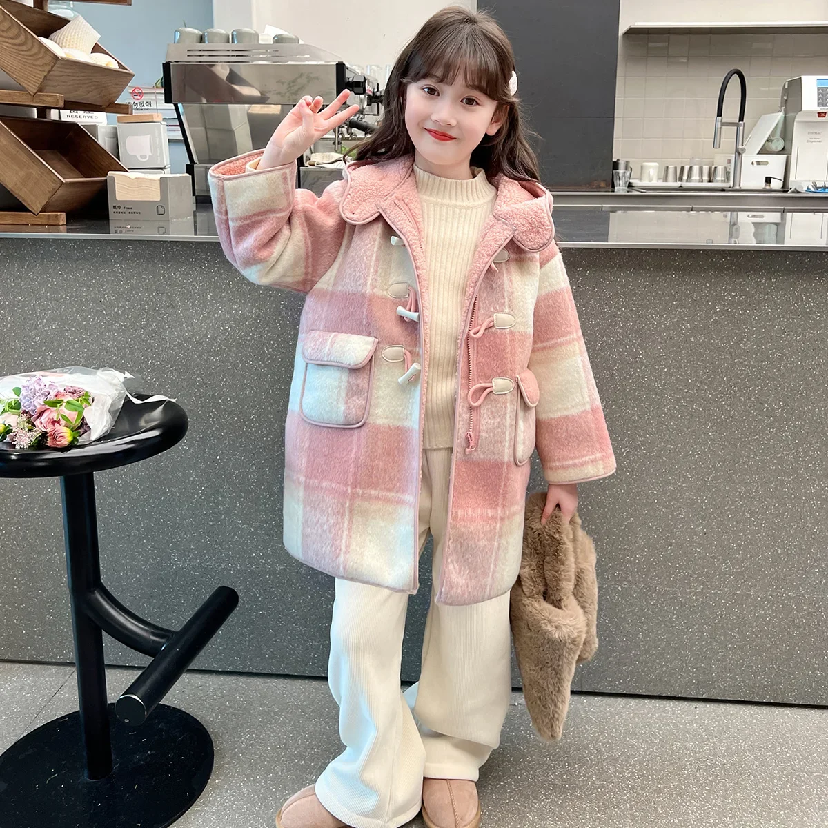 

Autumn Winter Kids Woolen Coat Check Design Baby Long Parka For Girls Thick Plush Children Hooded Clothing TR315