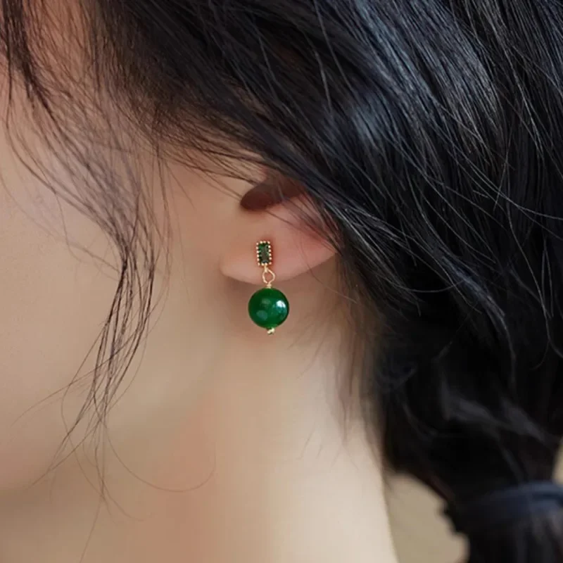 Minar Wholesale Green Color Jade Natural Stone CZ Cubic Zirconia Drop Earrings for Women 14K Real Gold Plating Copper Jewelry