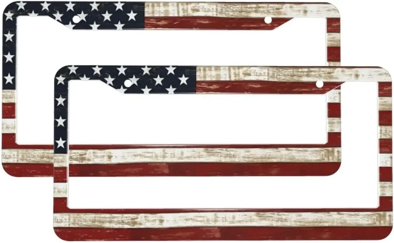 Telaio targa per auto con motivo bandiera vintage USA, confezione da 2, targa con 2 fori, telaio per targhetta per auto per donne, uomini, veicoli statunitensi