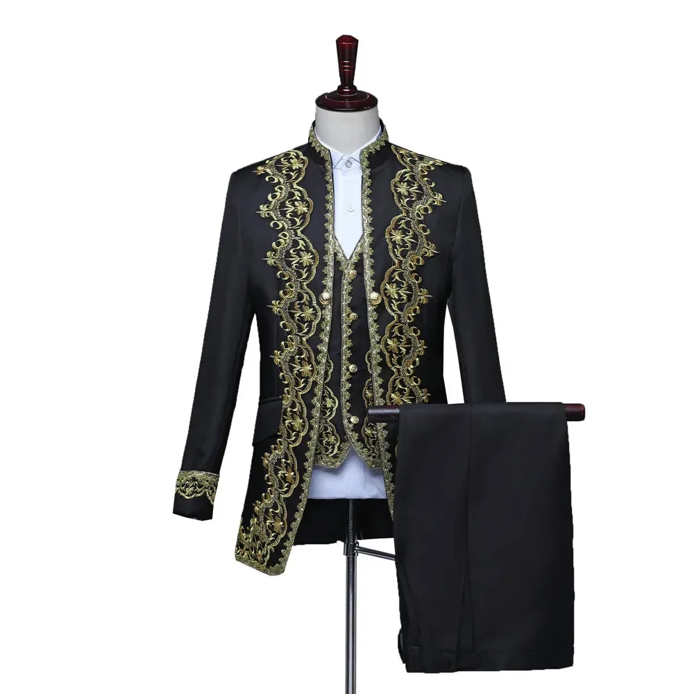 Coplay Blazer for Men Vintage Men Appliqued 3-piece Suit Black and Gold Stage Stylish White Theater Gala Evening Jacket