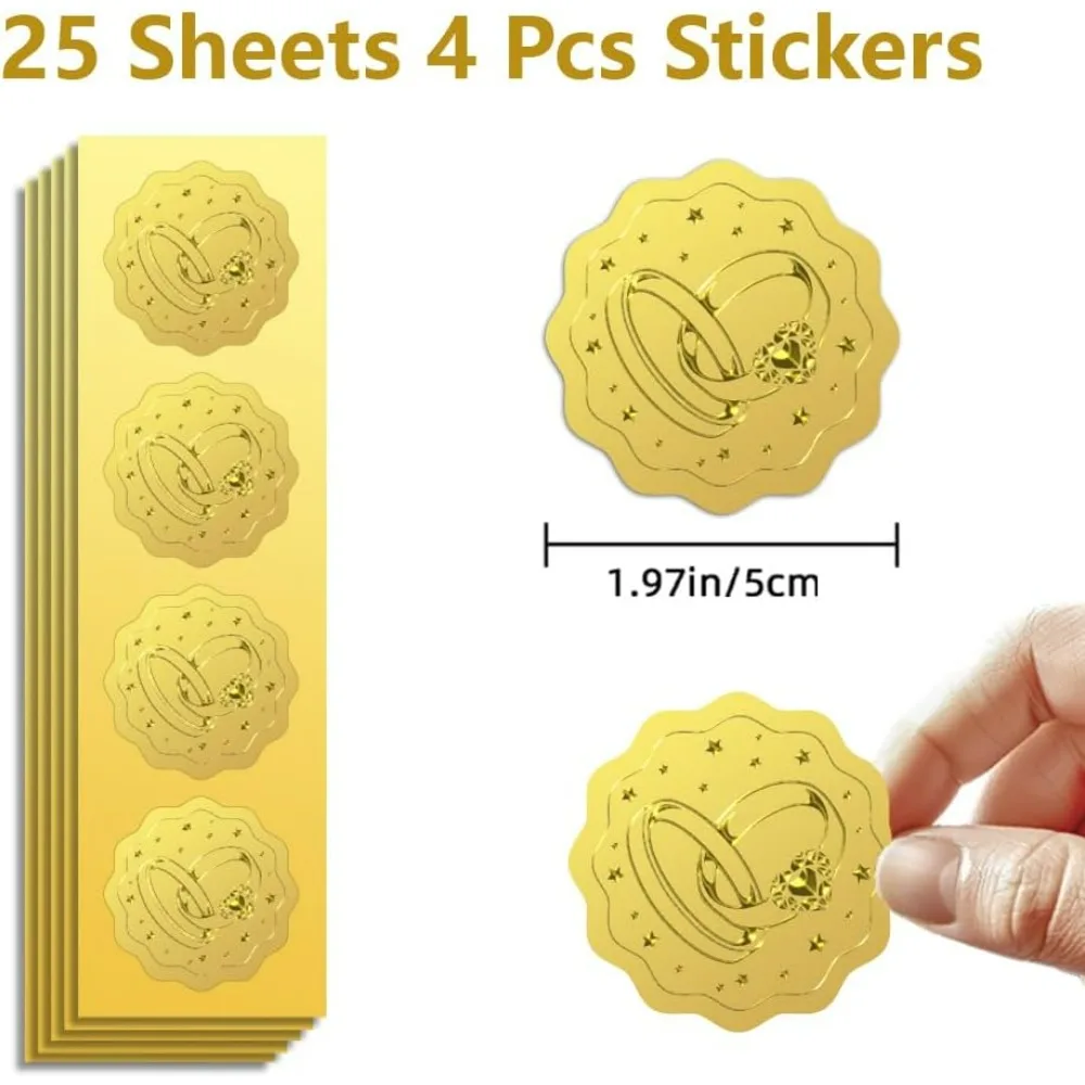 Gold Foil Stickers Seals Embossed Wedding Rings 2 Inch 100Pcs Self Adhesive Gold Stickers for Wedding Invitation making kit