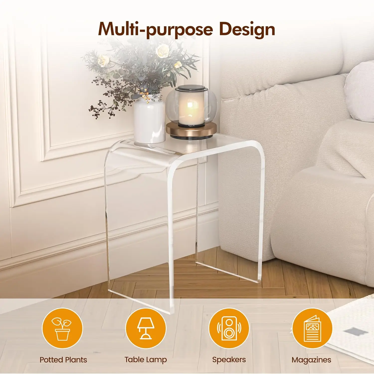 End Table, Clear Lucite Coffee Table With Waterfall Edges, Contemporary Square Nightstand And Side Table