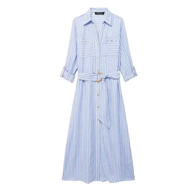 BabYoung Elegant Striped 2024 Female Summer Chic Retro Lapel Pockets Buttons Gentle With Belt Vintage Long Sleeves Dress