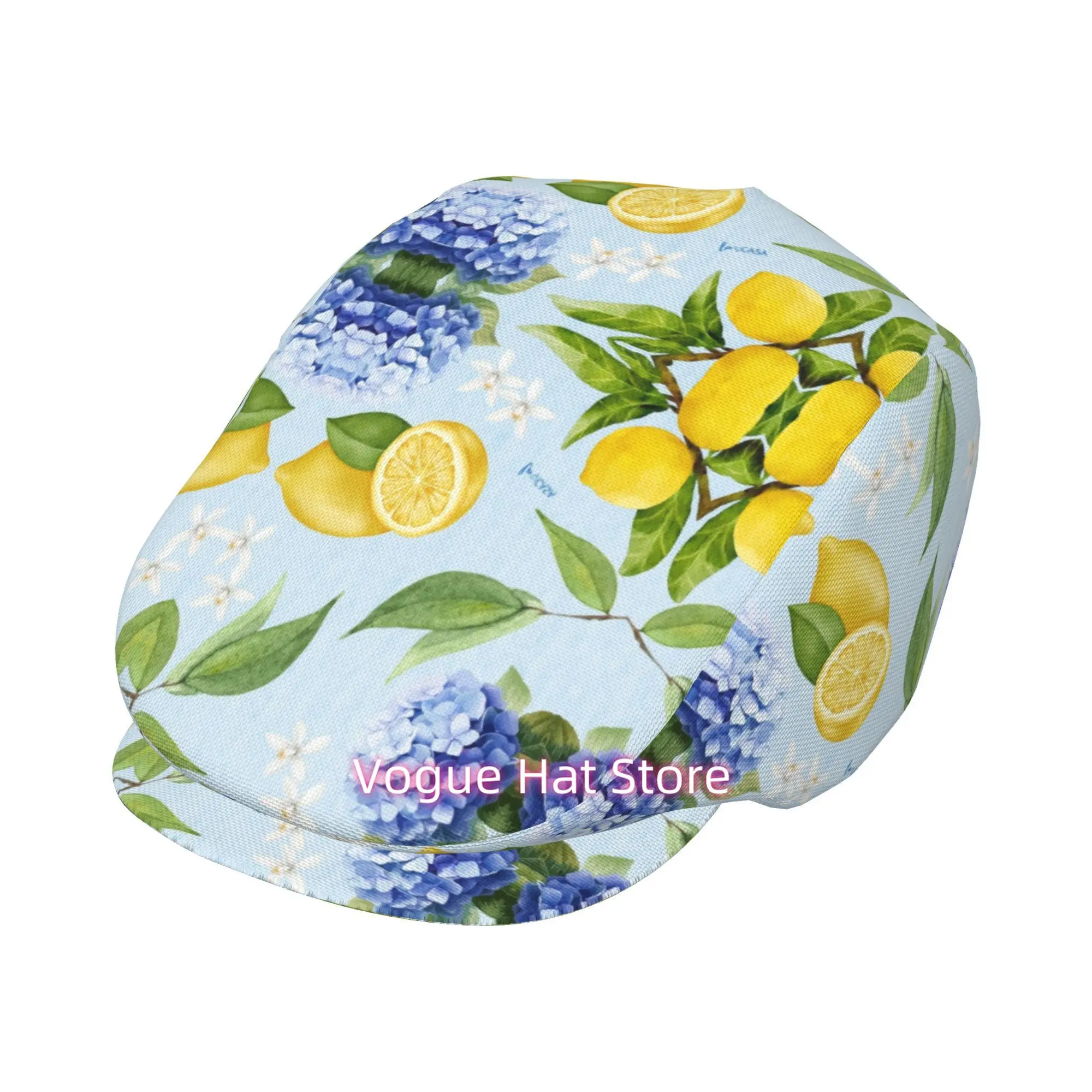 1pc of a Beret Featuring a Lemon And Hydrangea Print, Adjustable for Both Men And Women, Suitable for Any Season. This Newsboy-S
