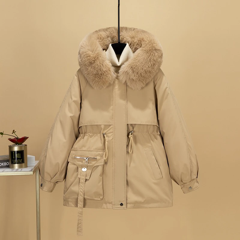 2026 Long Women's Coat with Waist-cinching Design Slimming Effect Hooded Fur Collar Padded Cotton Jacket Plus Size Korean Style