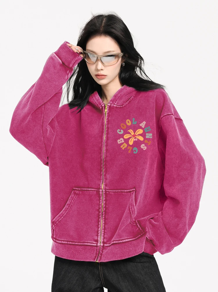 Legal tia clube carta impressão feminina lavado zíper moletom moda rua com capuz solto casual hoodies algodão roupas macias