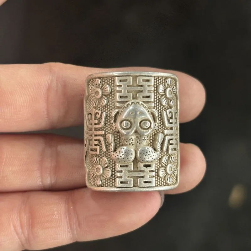 Vintage Carved Tibetan Silver Lucky Frog Silver Plated Ring, Adjustable Open Band, Real Shot Antique Collectible Jewelry