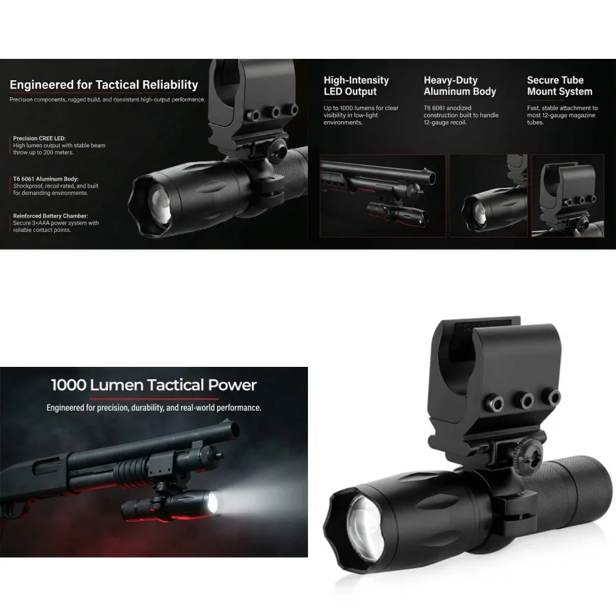 

Trinity 1000 Lumen LED Flashlight with Tube Mount Compatible with Mossberg 500 Aluminum Light Kit with Picatinny Style Rail Bla