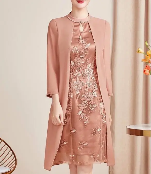 

2 Pieces Mother of the Bride Dress With Jacket 3/4 Sleeved Knee Lace Beads Champagne Pink Formal Wedding Evening Prom Gowns New