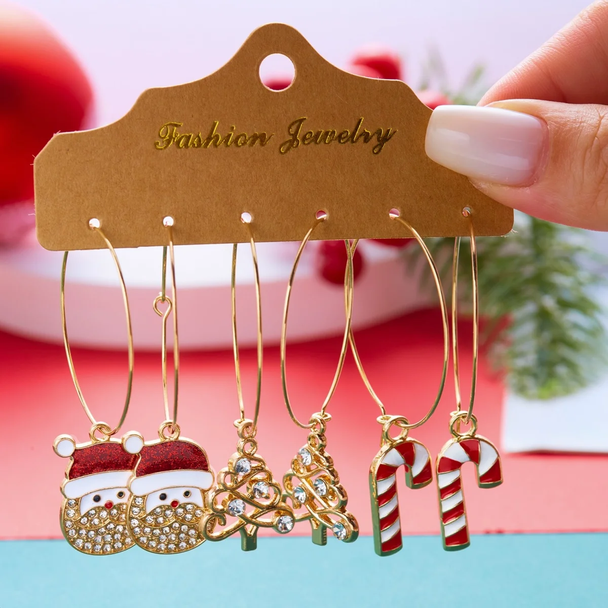 3 Paar/Set Weihnachts-Strass-Ohrringe mit Hirsch, Zuckerstange, Geschenkbox, für Damen, niedliche Weihnachtsmann- und Weihnachtsbaum-Ohrringe, Schmuck – Detail 30