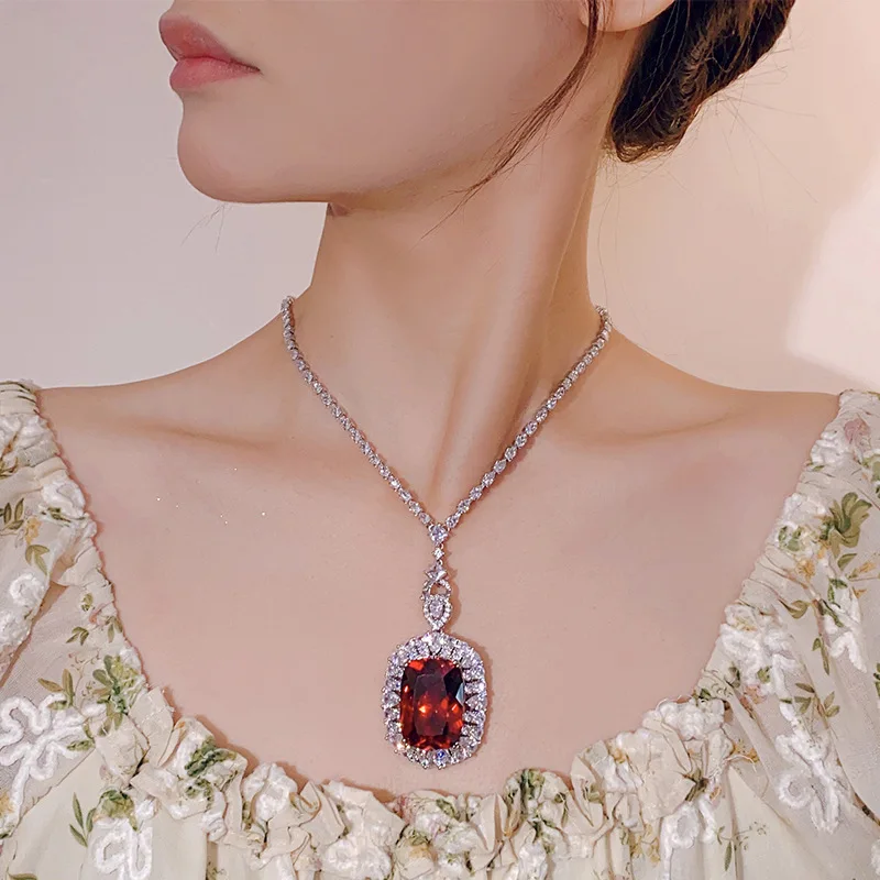Luxury Cushion Cut Red Garnet Gemstone Pendant Necklace for Women Full Pave CZ Halo Statement Wedding Party Fine Jewelry Gift