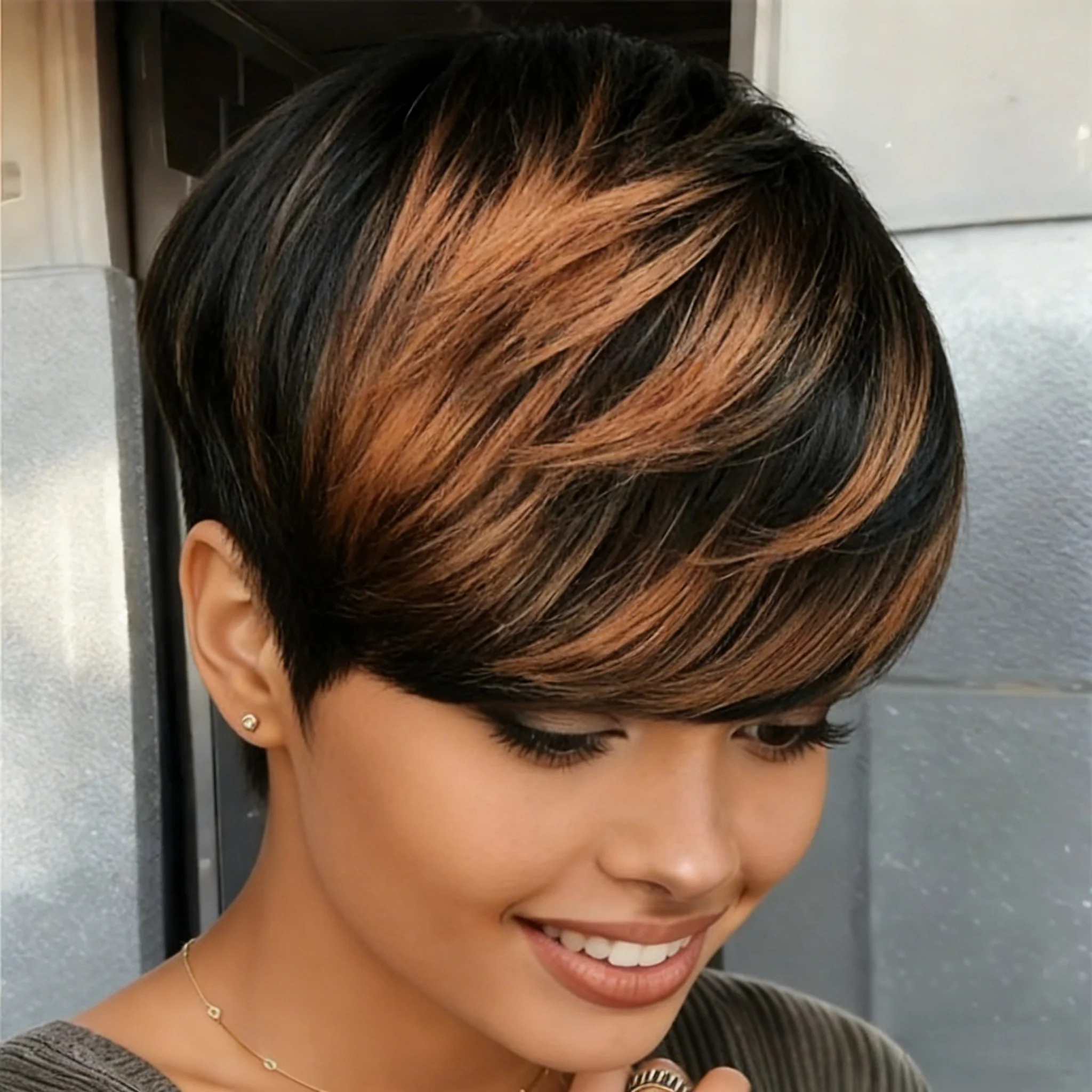 

Бразильские парики из натуральных волос с короткой стрижкой пикси и челкой, прямые, с мелированием, для женщин, полностью машинной работы.