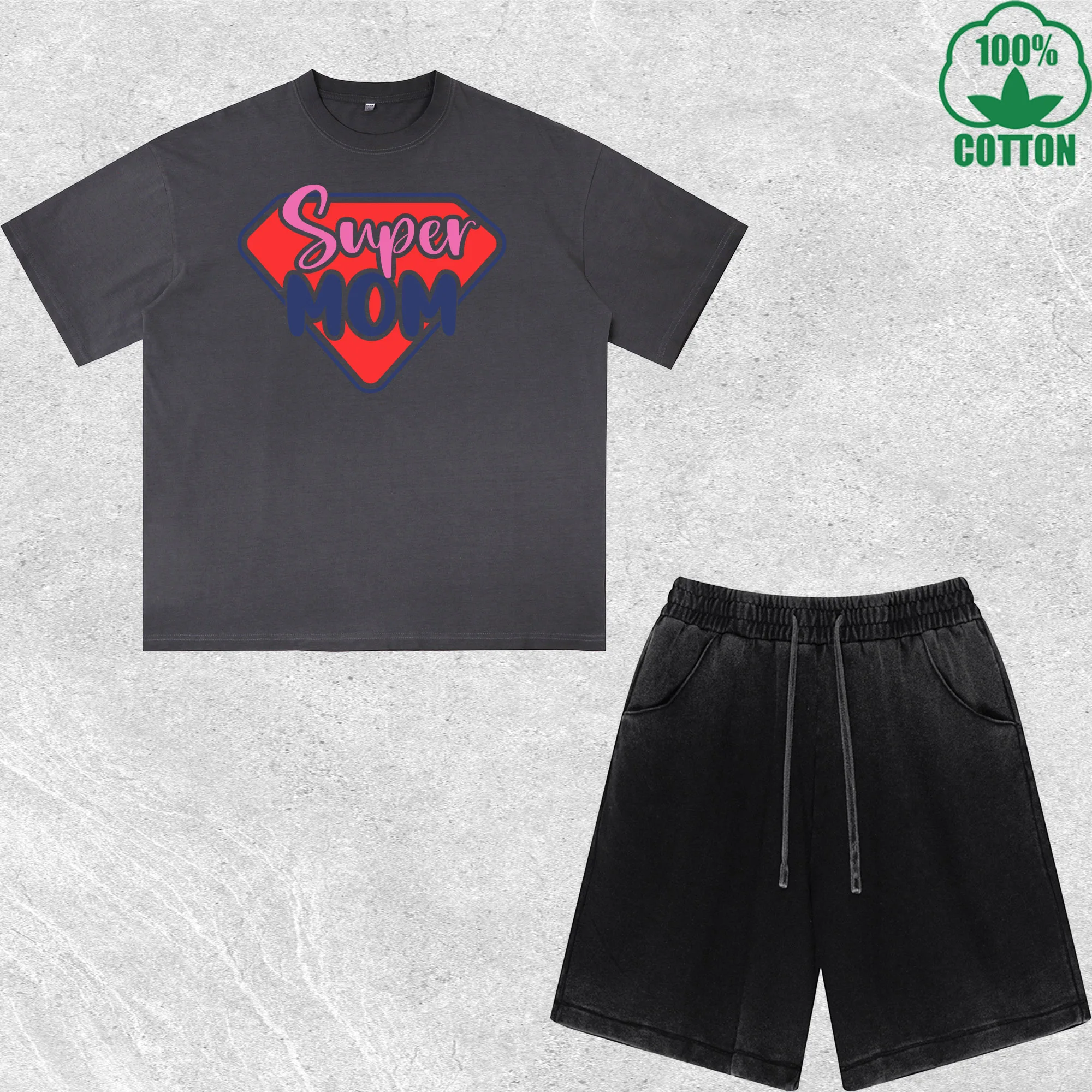

Super Mom Printed Dirty Wash T-Shirt Shorts Set Combo Loose Trendy Fashionable 100%Cotton Black Suit
