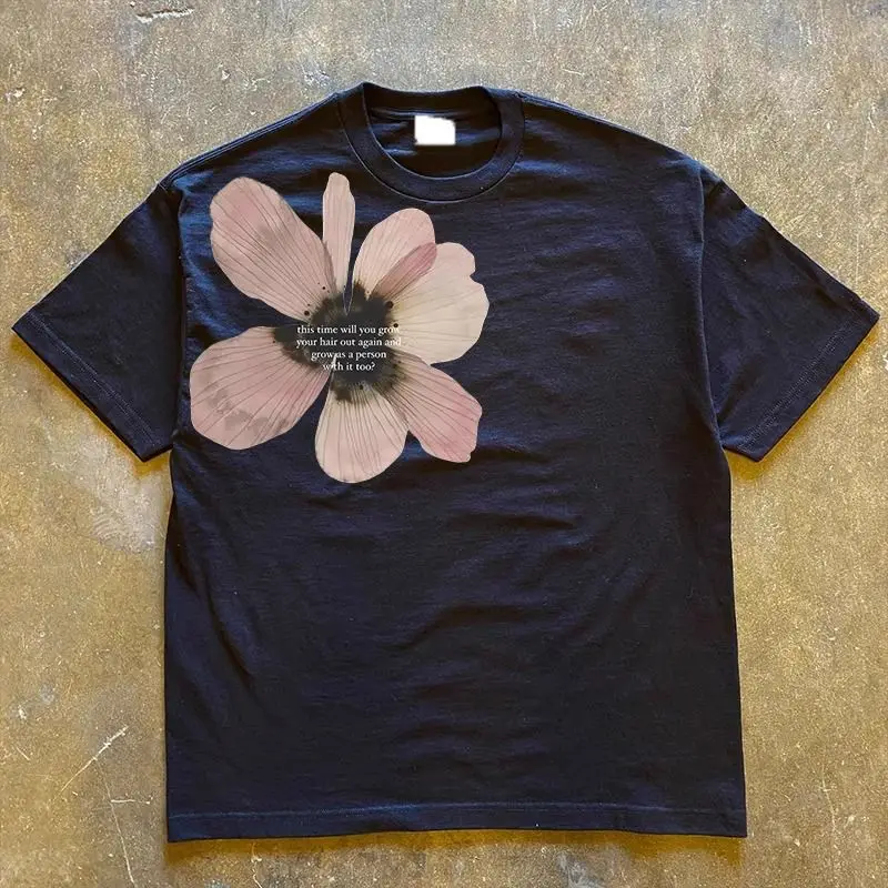 Flor impressa manga curta camiseta feminina 2025 verão moda em torno do pescoço magro versátil topos casual versátil camisetas ins