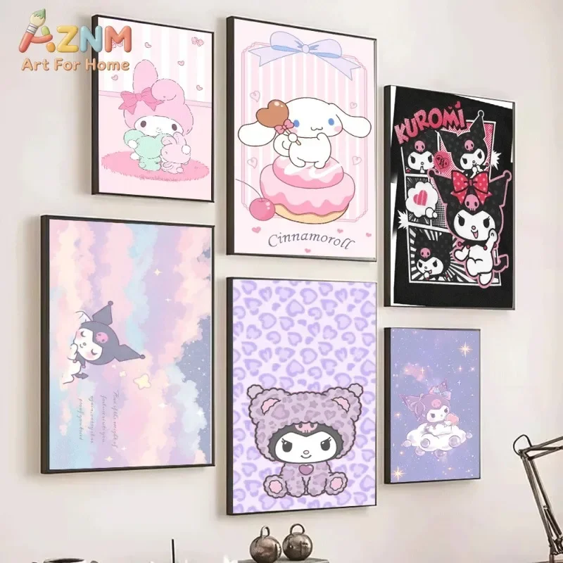 Sanrio My Melody Pink Background Canvas Wall Art No Frame Cute Pink Rabbit Cartoon Print With Plush Doll Girly Kids Bedroom
