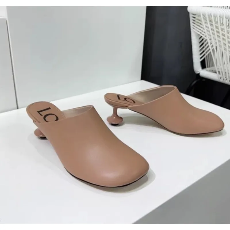 White Sheepskin Square Head Women's Slipper Baotou Textured Elegant Commuter Casual Simple Sense of Classic Wine Glass Heels New