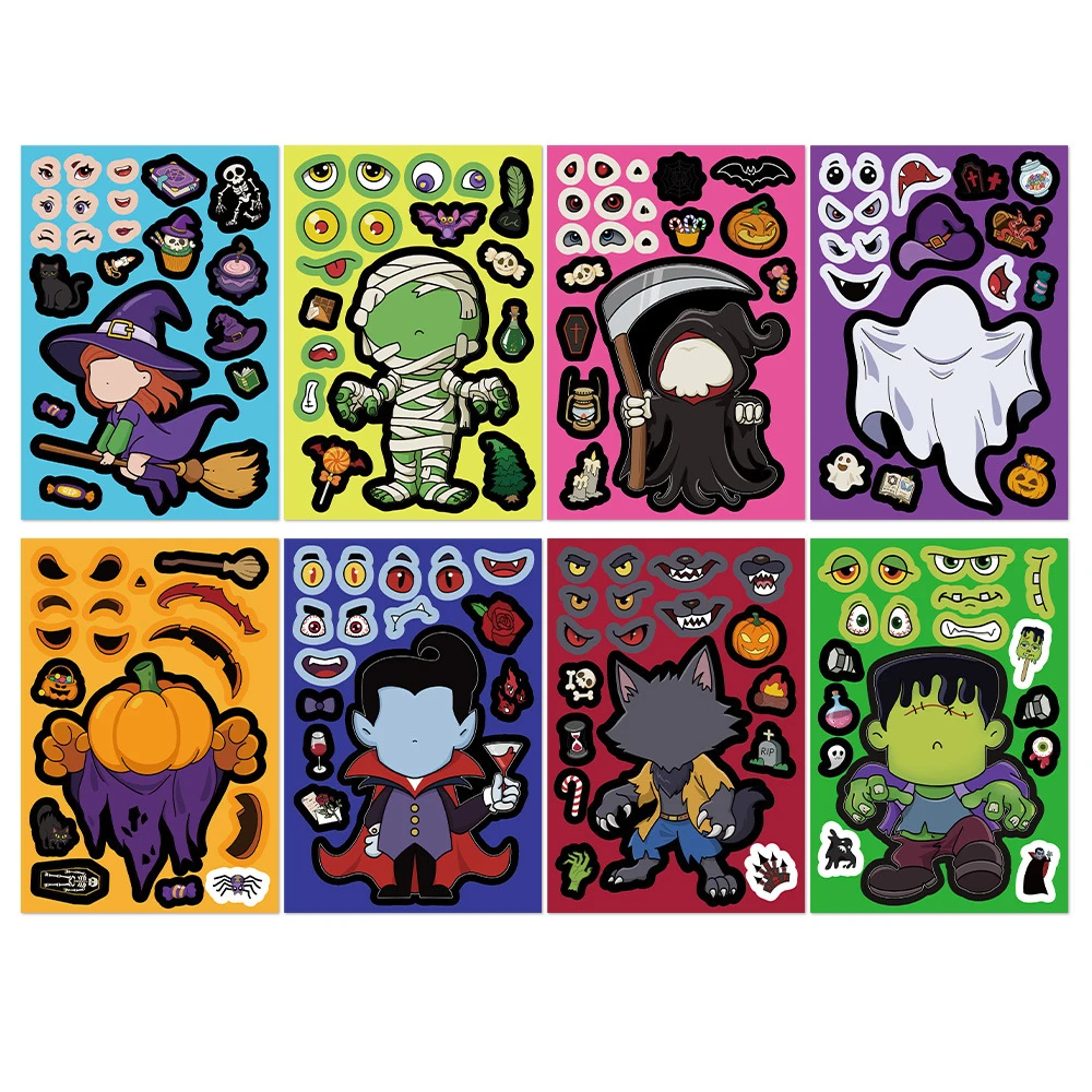 8/16 Blatt Make A Face Halloween-Puzzle-Aufkleber, lustige Zombie-Hexe, DIY-Puzzle-Aufkleber zum Zusammenbauen, Jungen- und Mädchen-Geburtstagsgeschenk, Spielzeug, Geschenk