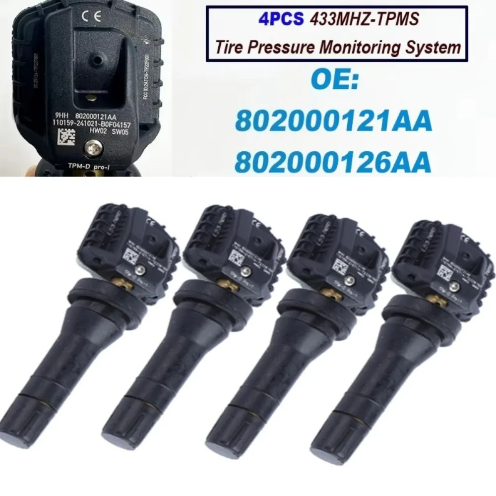 4PCS/Lot TPMS 433MHZ Tire Pressure Sensor 802000121AA For Chery Tiggo 2 3 3X 4 5 5X 7 8 Tyre Pressure Monitoring System Sensors