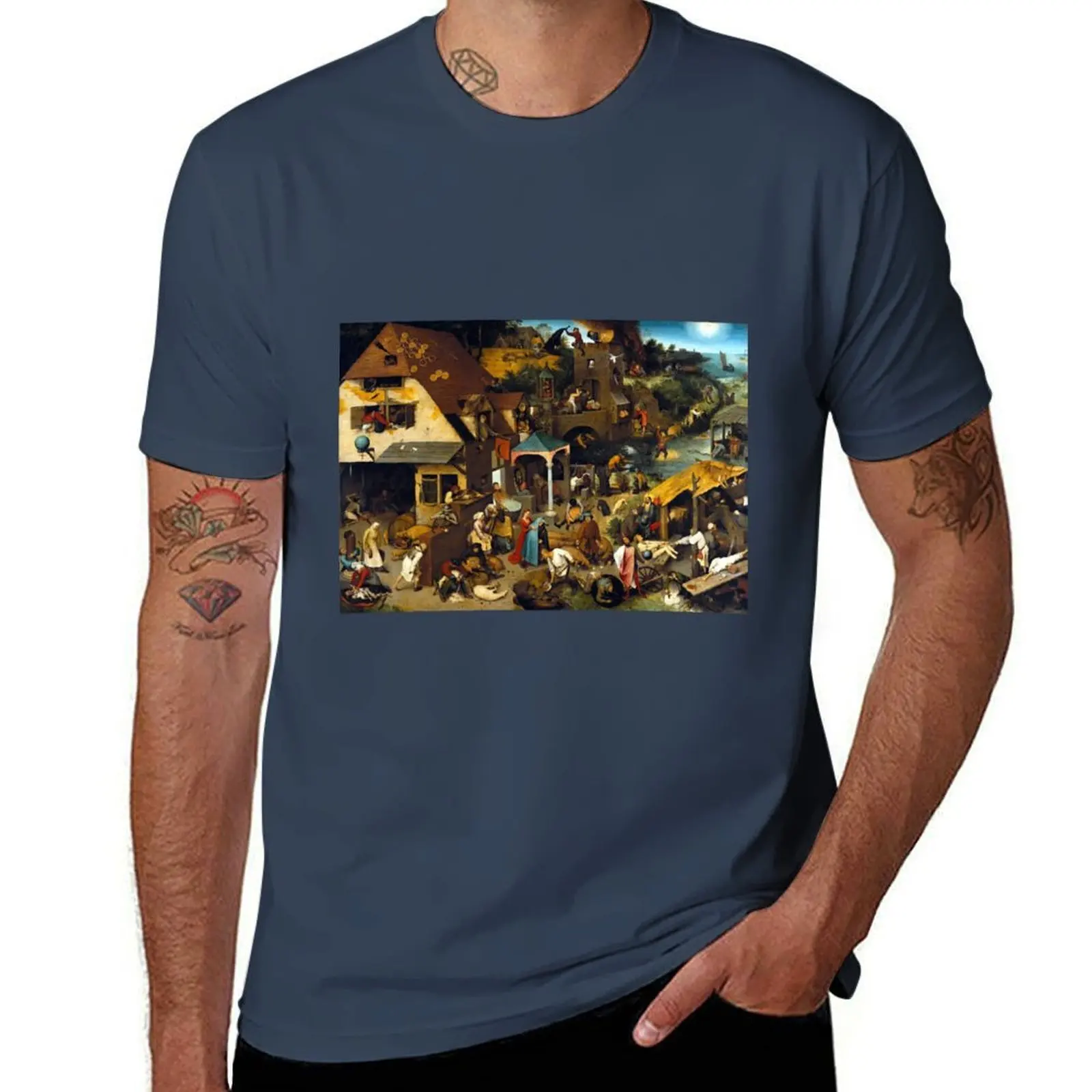 Pieter Brueghel Netherlandish Proverbs T-Shirt Work Wear Short Sleeve T-Shirt
