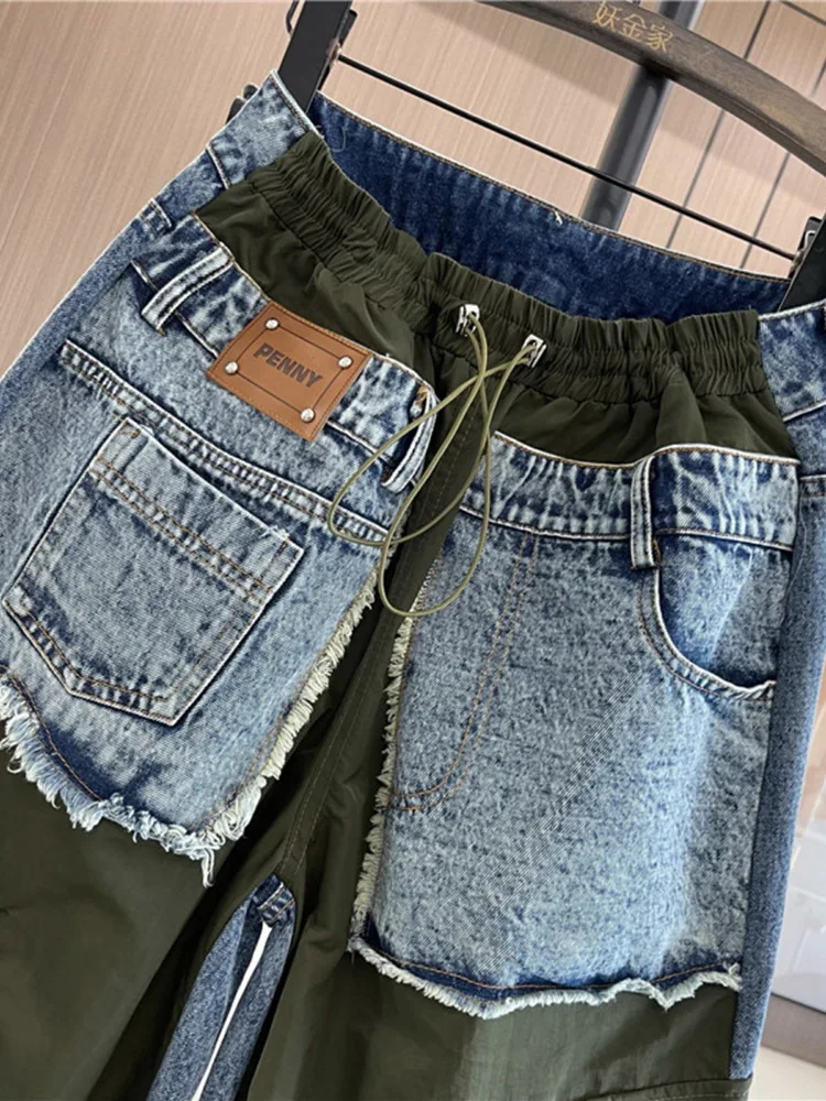 Fashion Patchwork Straight Jeans Women\'s New Elastic Waist Loose Personality Streetwear Oversized Drawstring Denim Harem Pants