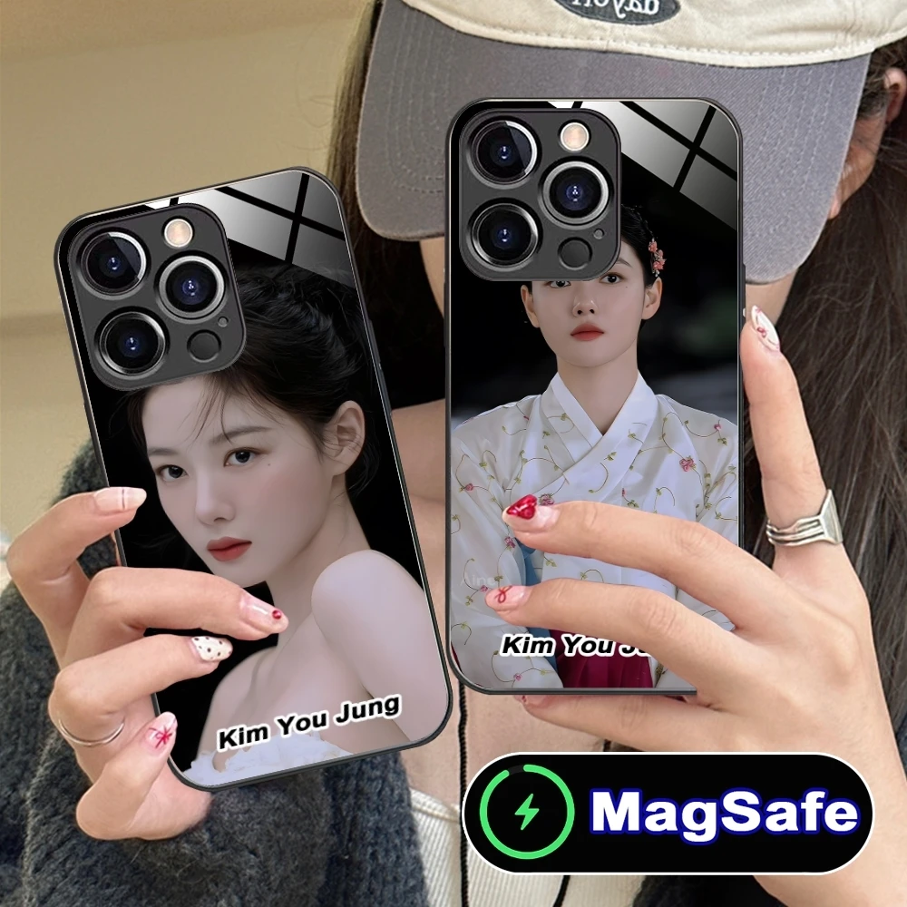 KPOP Kim You Jung Mobile Cell Phone Case for iPhone 16 15 14 13 12 11 Pro Max Plus Mini MagSafe Wireless Charging Glass Cover