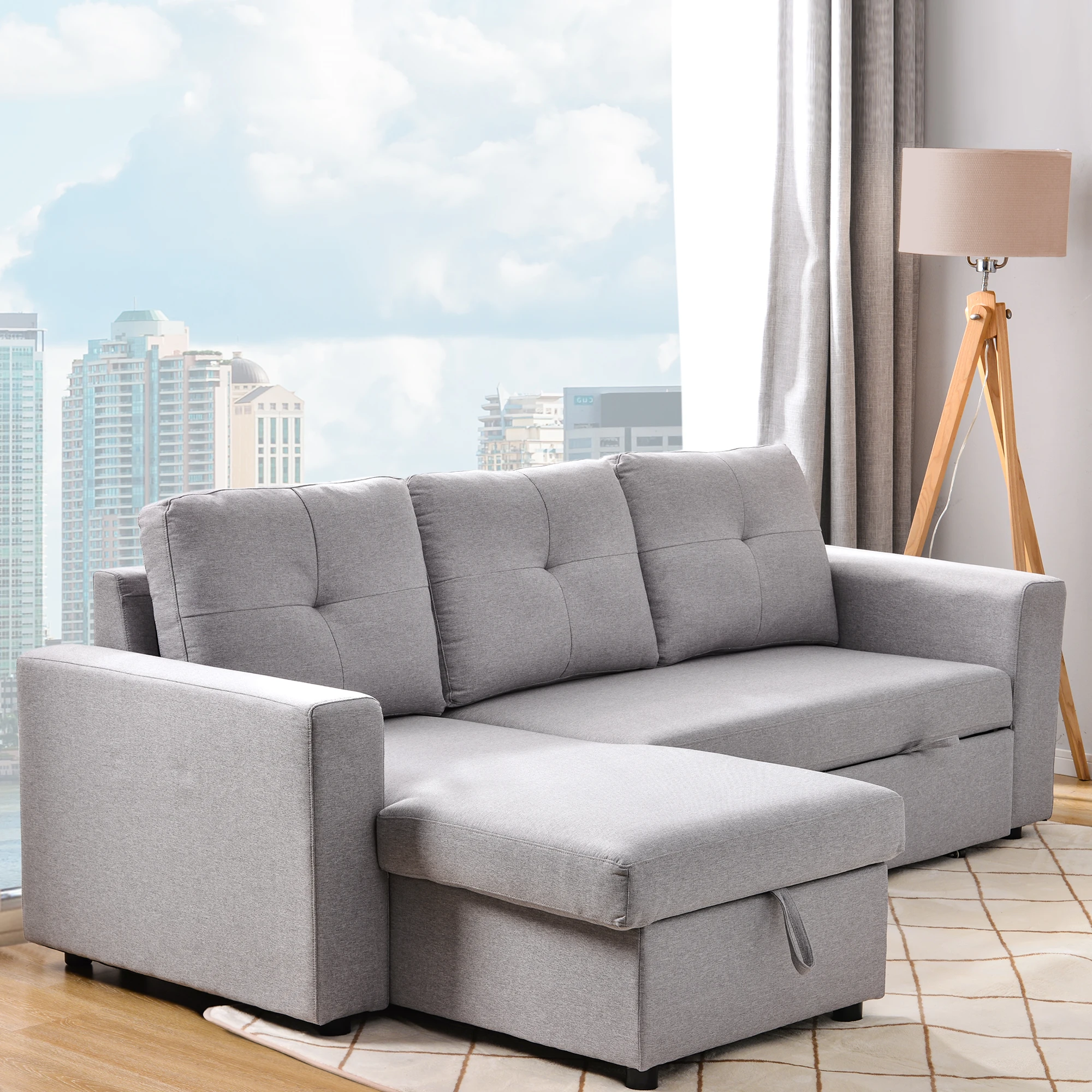 Modern Living Room Sofa Cum Bed Convertible Bed Armchair L Shape Corner Pull Out Sofa Bed Manufacturer Supplier with Storage view 3