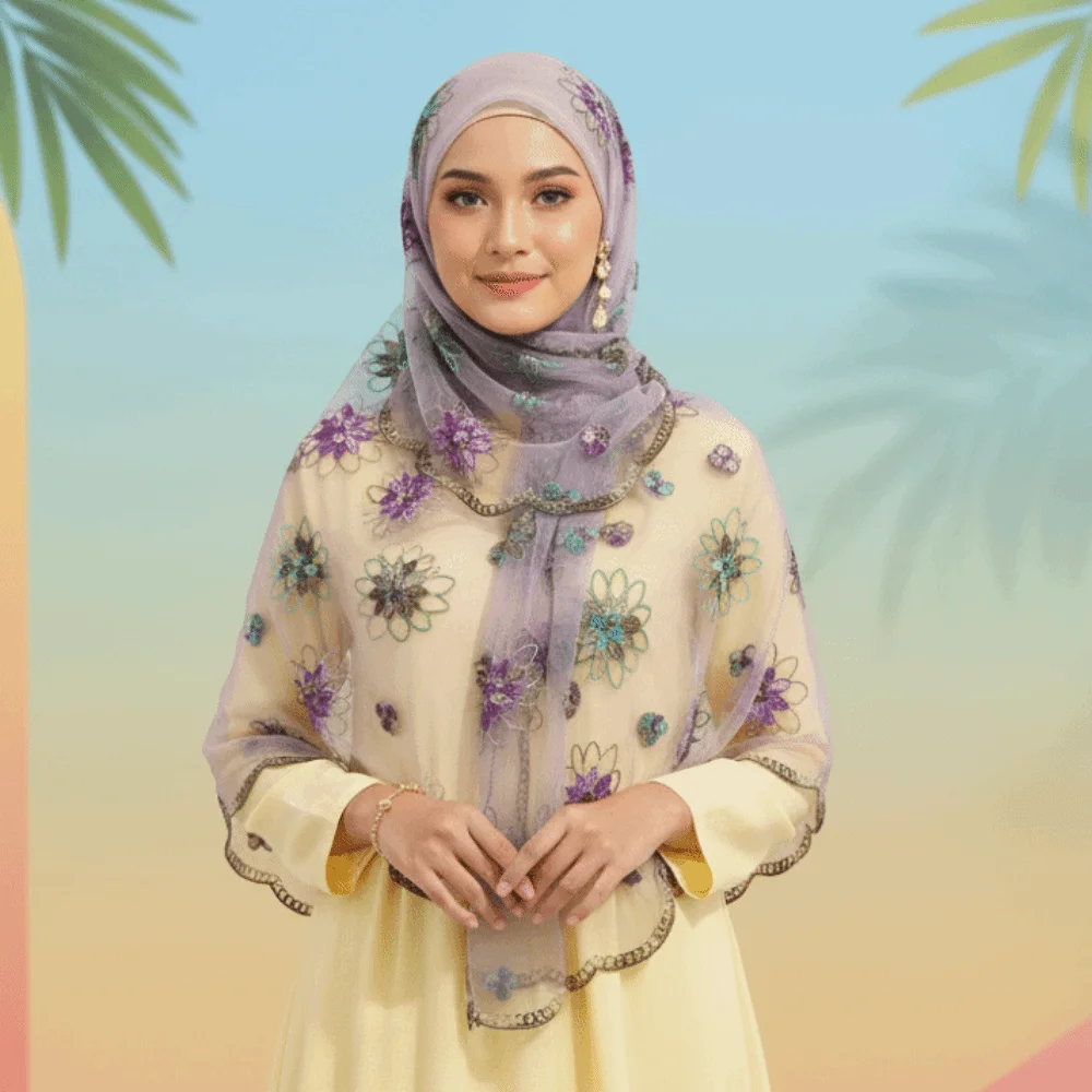 Neck Wrap Embroidered Floral Headwrap Lightweight Translucent Sheer Shawl Colorful Soft Mesh Stole Travel Photoshoot
