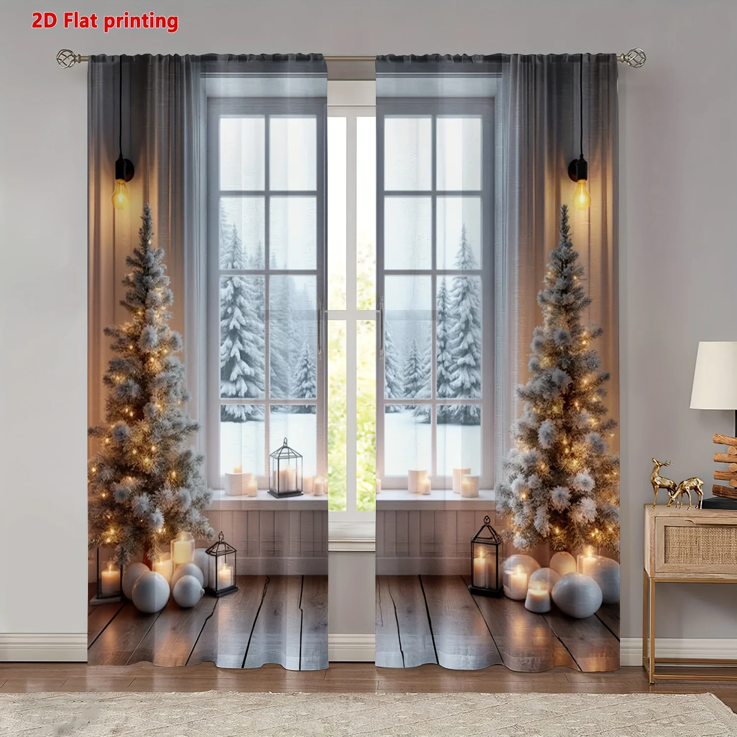 2 Pcs 2D Christmas Snowflake & Pine Tree Curtains – Winter Holiday Decor for Living Room Bedroom Kitchen, Cozy Festive Ambience
