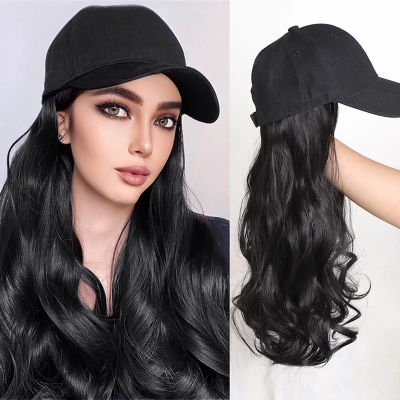 Long Wavy Synthetic Wig Baseball Cap with Hair extensions Hat Wigs Bone Natural Black Brown Blonde Connect Wig Adjustable