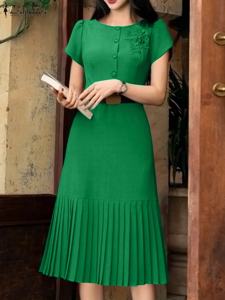 

ZANZEA 2025 Summer Pleated Dress Women Solid Color Sundress Fashion Short Sleeve Casual Loose Robe A-Line Party Vestidos S-3XL