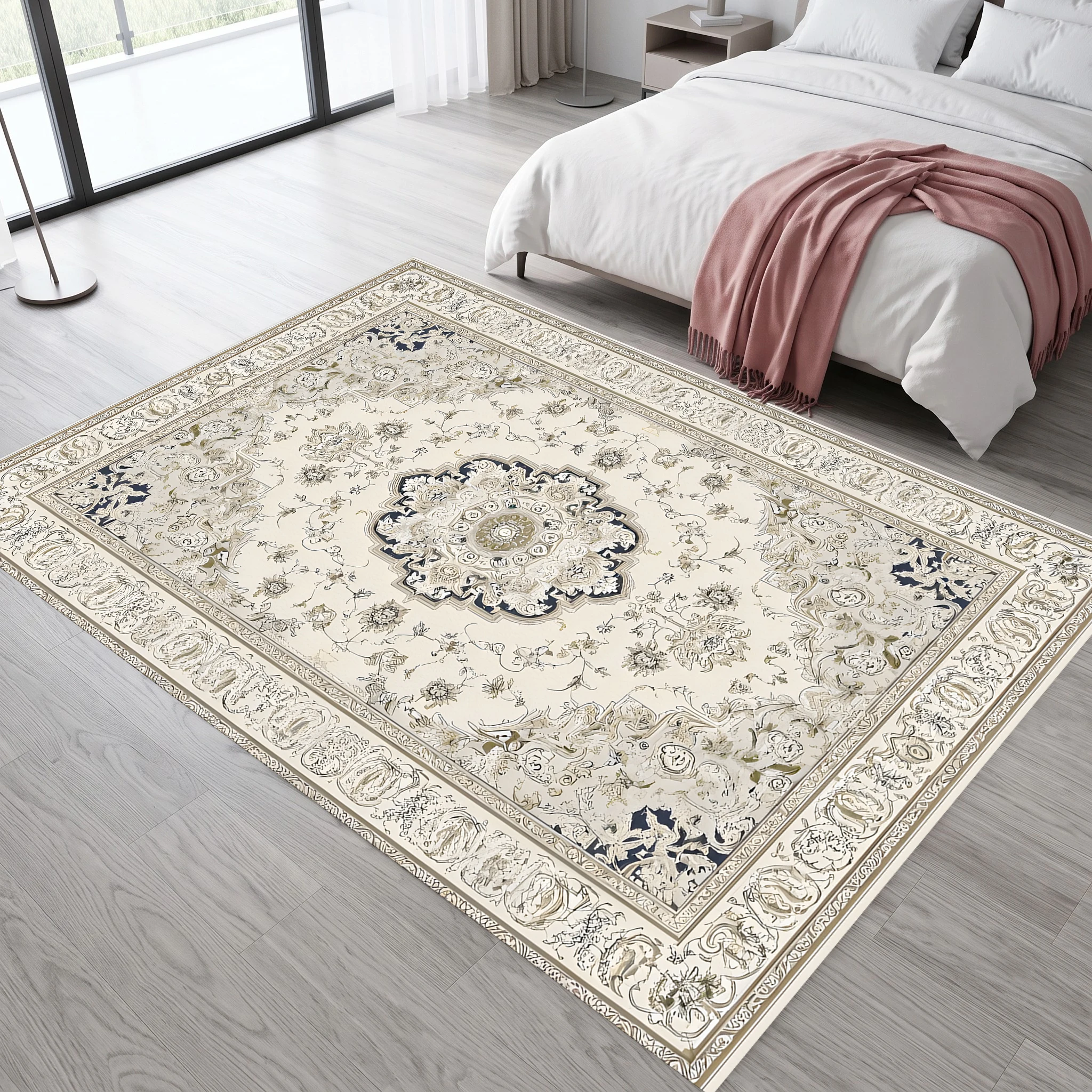 Off White European Retro Floral Velvet Area Rug, French Retro for Living Room Bedroom, Autumn Winter Christmas
