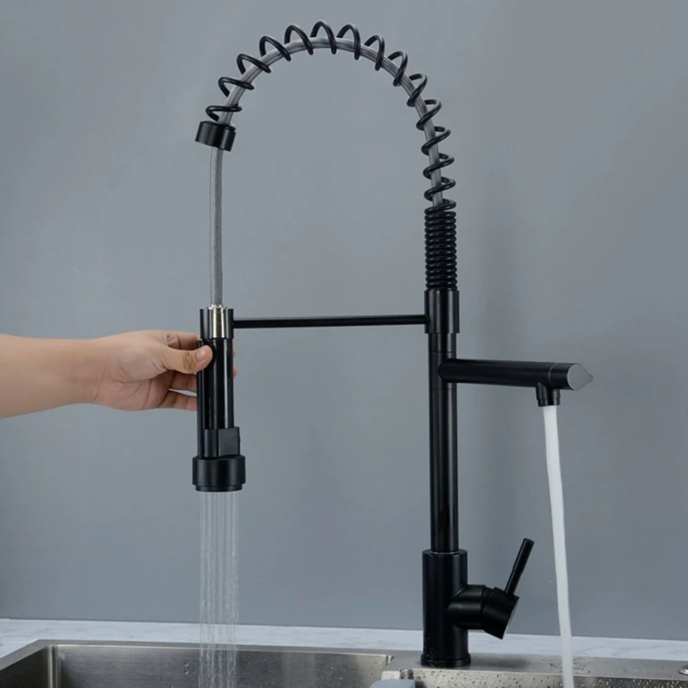 

Spring Kitchen Mixer Faucet 304 Stainless Steel Tap Body Black ,Negro Color Hose Pull Out Cold & Hot Water 3Kg Heavy Weight