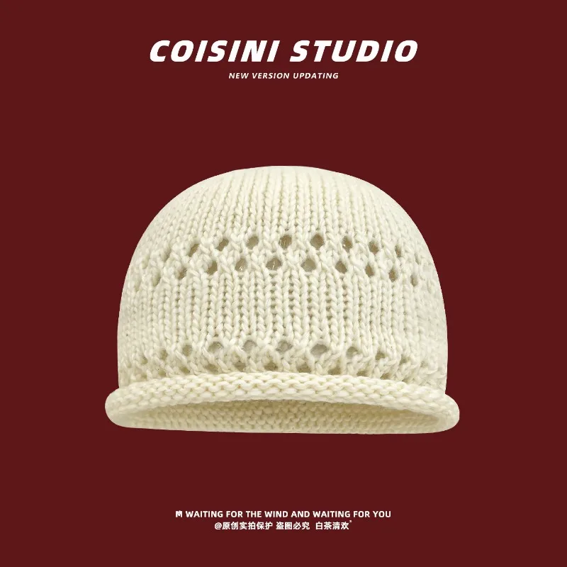 Koreanische Einfarbige Gekräuselte Hohle Strickmütze für Damen, Herbst- und Wintermode, Vielseitige Kuppel-Beanie-Mütze – Detail 1