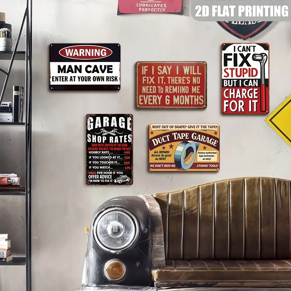 2D Flat - 【2D Flat】 2D Flat - [2D Flat] Set of 5 Vintage-Style Metal Signs for Garage Tools, Featuring Humorous Quotes. Ideal fo